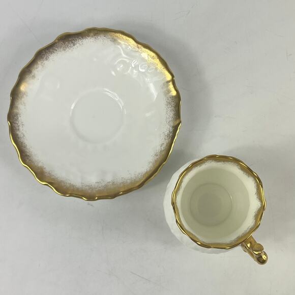 Hammersley Bone China Teacup & Saucer Set White Embossed Heavy Gold Trim England - Picture 6 of 13